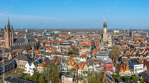 Historic city skyline of Delft in the Netherlands