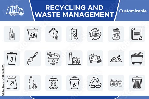 Recycling and Waste Management, 20 customizable line icons, environmental conservation vector set, sustainable living graphics for eco-friendly projects