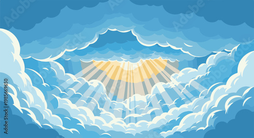 Sunbeams pierce through fluffy clouds, illuminating the vast blue sky above
