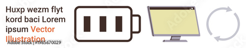 Energy management, technology workflow, digital connectivity, power usage efficiency, charging cycles, renewable tech. Battery symbol, monitor sync icon. Energy management and technology workflow