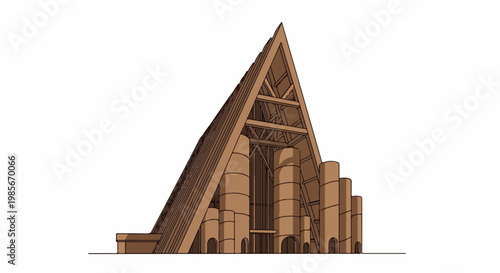 Triangular wooden structure with cylindrical supports and arched openings