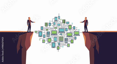 Two figures on cliffs connect digital devices across a chasm