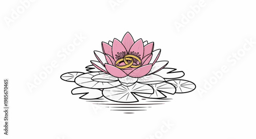 Two intertwined gold rings rest atop a blooming pink water lily on lily pads