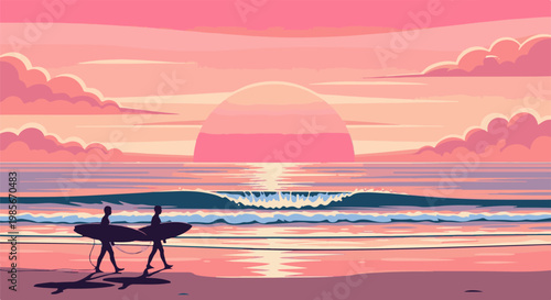 Two surfers walk along a beach at sunset with a pixelated ocean and sky