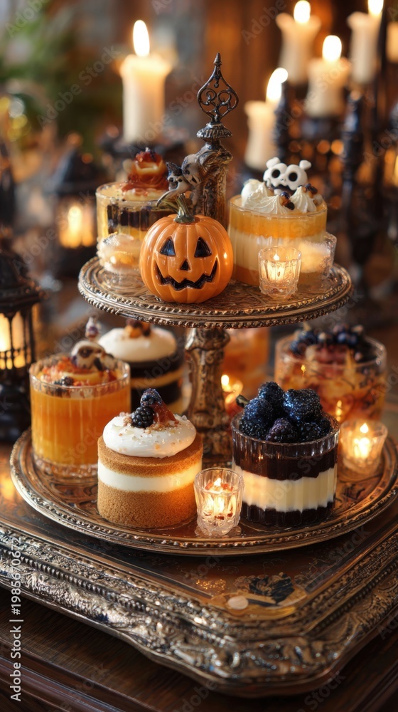 Fototapeta premium Halloween dessert table with pumpkin themed cakes and layered parfaits on ornate stand surrounded by glowing candles