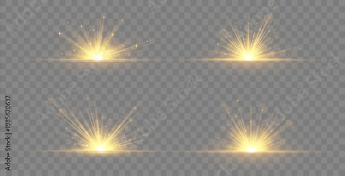 Bright glowing flare burst with golden sparkle and lens flare rays, abstract sunlight explosion with soft shimmer and glittering particles