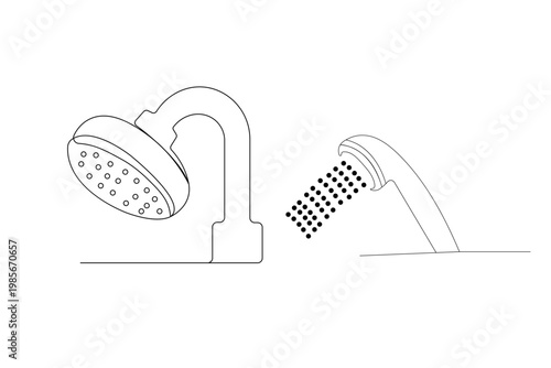 Minimalist single-line drawing of a shower head with water droplets on a white background.
