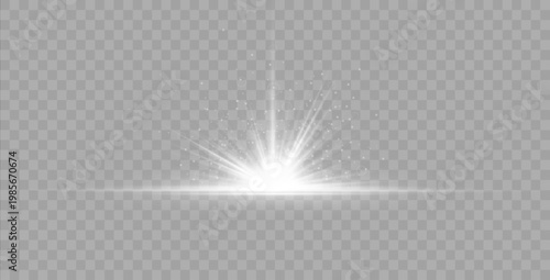 Glowing sunburst with lens flare and radiant sparkle, golden light explosion with soft rays and bright shimmer effect on transparent background