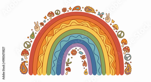 Whimsical rainbow with psychedelic mushrooms, peace signs, and paisley