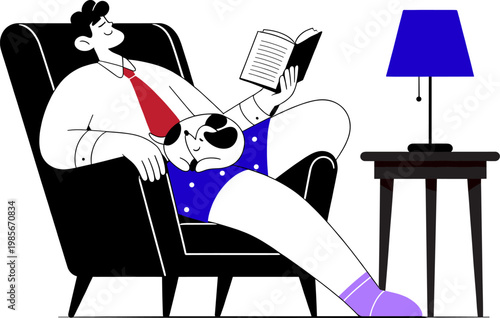 Serene Moment with a Companion: A relaxed man, adorned in a shirt and tie, finds solace in reading while accompanied by his loyal companion resting. A quiet moment of leisure and comfort in home.