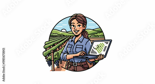 Woman in vineyard using laptop with data graphs, agricultural technology