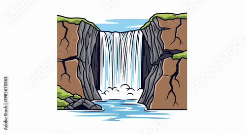 Stylized cartoon waterfall cascading over cliffs into a blue river