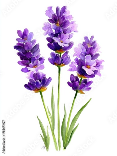 Watercolor illustration of purple lavender flowers with green stems on a white background