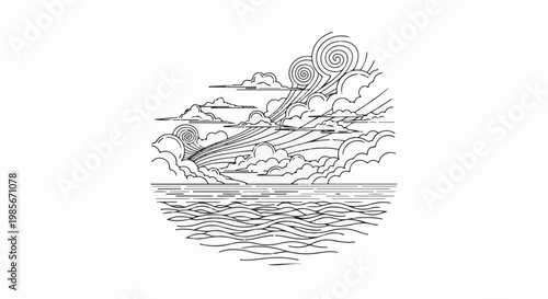 Stylized line art of a dynamic sky with swirling clouds over a textured ocean
