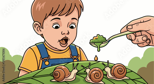 Young child watches with surprise as a spoonful of green food drips onto snails on a leaf