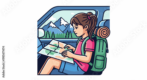 Young traveler in car consults map with mountains visible outside