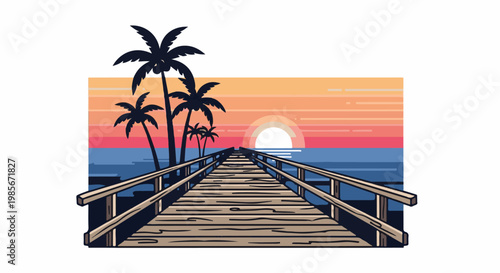A pixel art pier extends into a colorful ocean sunset with palm trees