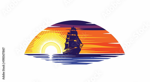 Tall ship sails at sunset on a vibrant, stylized ocean and sky