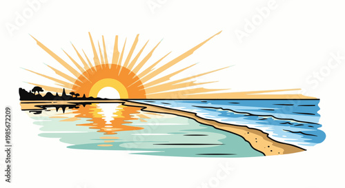 Stylized sunrise over calm ocean waters with distant land and reflective surface