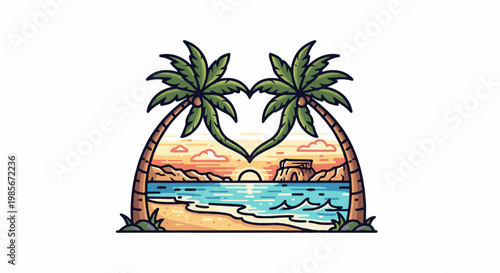 Tropical heart formed by palm trees over a serene beach sunset