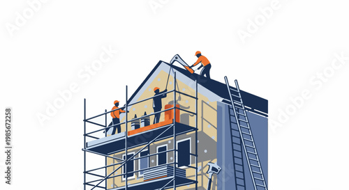 Workers on scaffolding install insulation on a house exterior