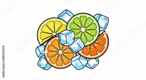 Vibrant citrus slices with sparkling ice cubes on a white background