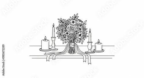 A detailed black and white illustration of a floral bouquet with candles