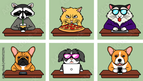 A calm illustration of a cat relaxing on a brown wooden table. Perfect for content about pets, leisure, or a peaceful, comforting aesthetic.