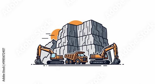 Two excavators and a dump truck work at a rocky quarry site