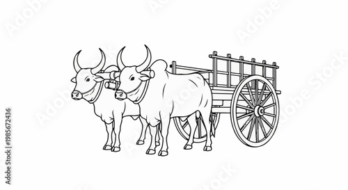 Two oxen pulling a wooden cart with spoked wheels