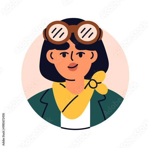 Woman aviator, face avatar. Female pilot in goggles and neckerchief, head portrait in circle. Avia person with retro glasses, user profile. Flat vector illustration isolated on white background