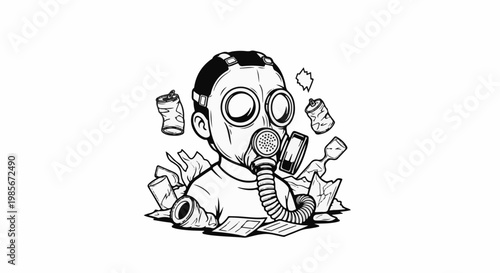 A child wearing a gas mask surrounded by debris and pollution