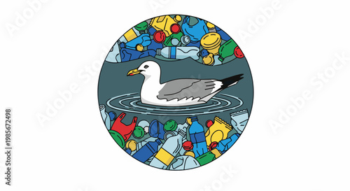 A seagull swims on polluted water surrounded by plastic waste