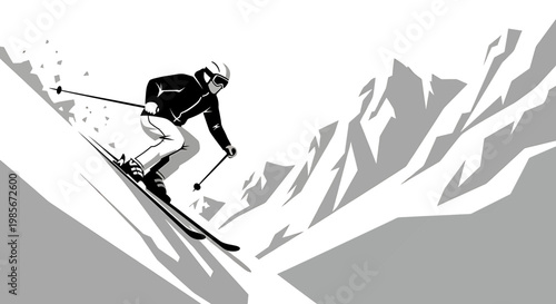 Monochrome illustration of a skier in action on a mountain slope skiing winter sport black
