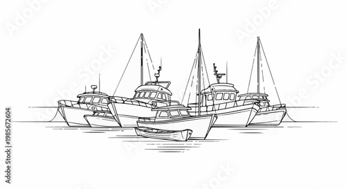 A black and white sketch of several fishing boats docked at sea