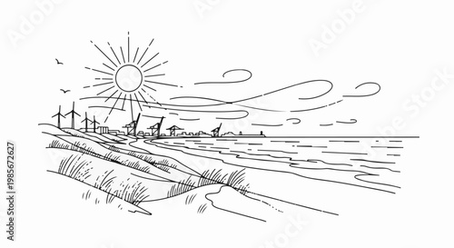Sun shines on a coastal scene with wind turbines and a harbor