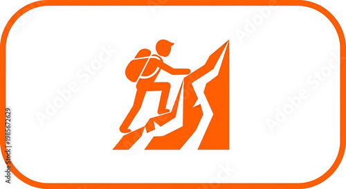 Orange icon of a hiker climbing a mountain with backpack hiking adventure outdoor nature travel