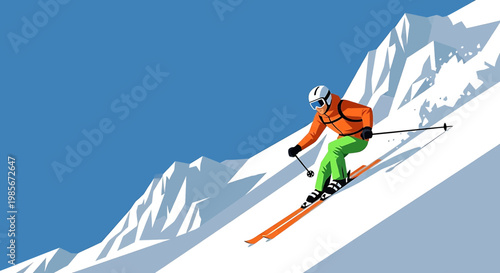 Skier in orange jacket and green pants speeding down snowy mountain slope with ski poles and goggles on