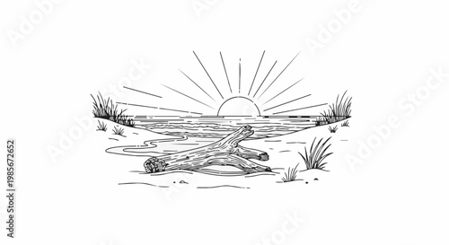 Sunrise over tranquil water with driftwood on sandy shore