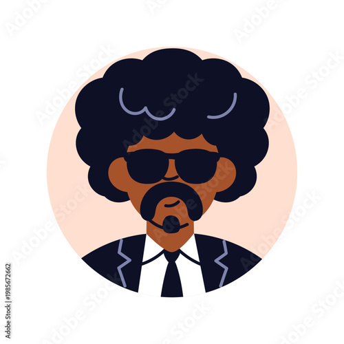 Gangster man in crime, face avatar. Male guard, security person with mustache, sunglasses, suit and tie, head portrait in circle, user profile. Flat vector illustration isolated on white background