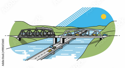 A busy river scene with two bridges, a train, and cars, under a bright sun