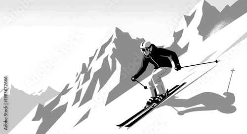 Black and white illustration of a skier in action on a snowy mountain slope with peaks in background