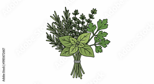 A bundle of fresh herbs including rosemary, thyme, basil, and parsley