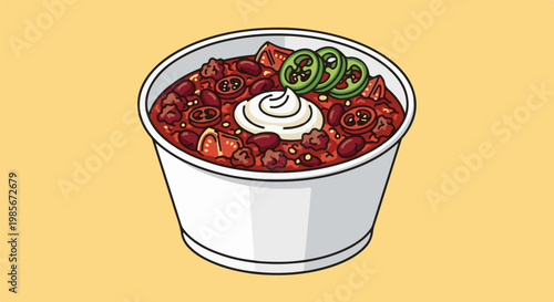 A bowl of hearty chili topped with sour cream and jalapeños