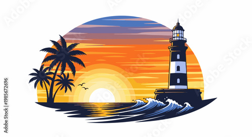 Tropical sunset with lighthouse, palm trees, and ocean waves
