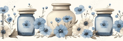 Charming Watercolor of Vintage Jars with Blooming Anemones and Floral Bouquet Arrangement