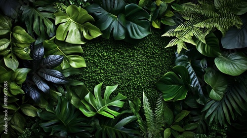 Lush Tropical Plant Wall Design with Ferns and Anthurium in a Stunning, Vibrant Arrangement