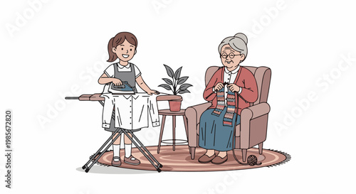 Young girl ironing clothes as an older woman knits a scarf in a chair