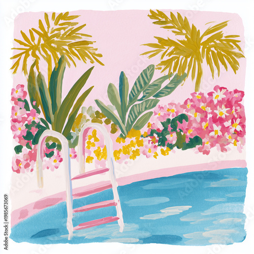 A vibrant, stylized illustration of a swimming pool with a ladder and lush tropical foliage.