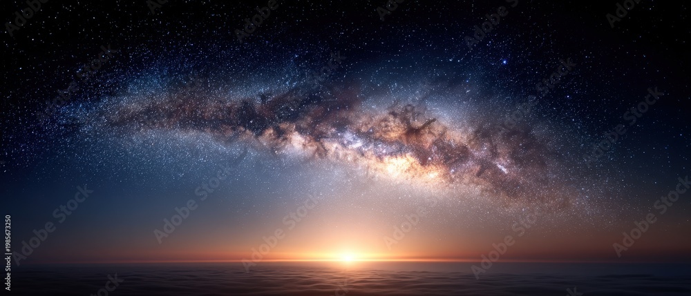 Fototapeta premium Milky Way galaxy arching over a calm horizon at sunrise with glowing stars and soft clouds